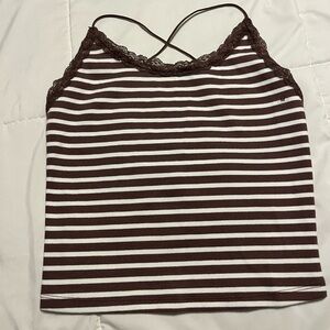 Brown Striped Lace Trim Women's Top